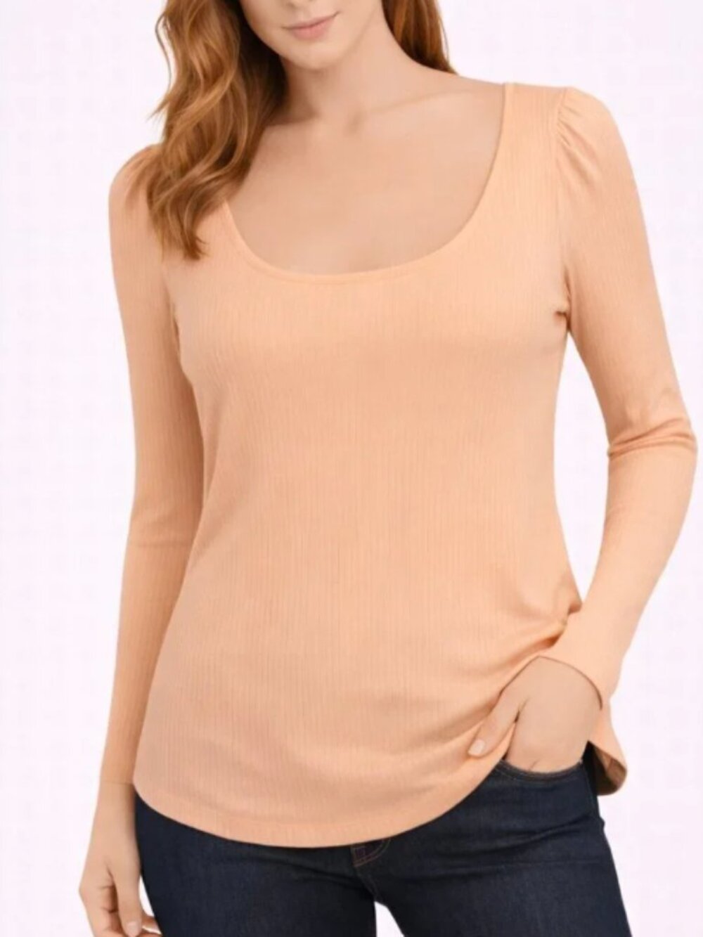 Anthropologie Long Sleeve Ribbed Lightweight Peach Scoop Neck Blouse